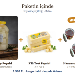 3 kg köy peyniri, 3 × 700 g tost peyniri, 3 kavanoz bal hediye