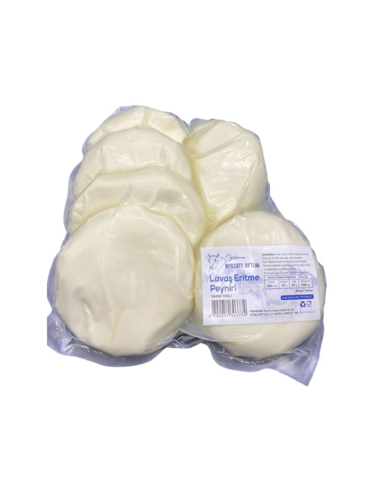 Packaged white cheese (lavas erime peyniri) in a plastic bag with a label featuring Turkish text on the front corner.